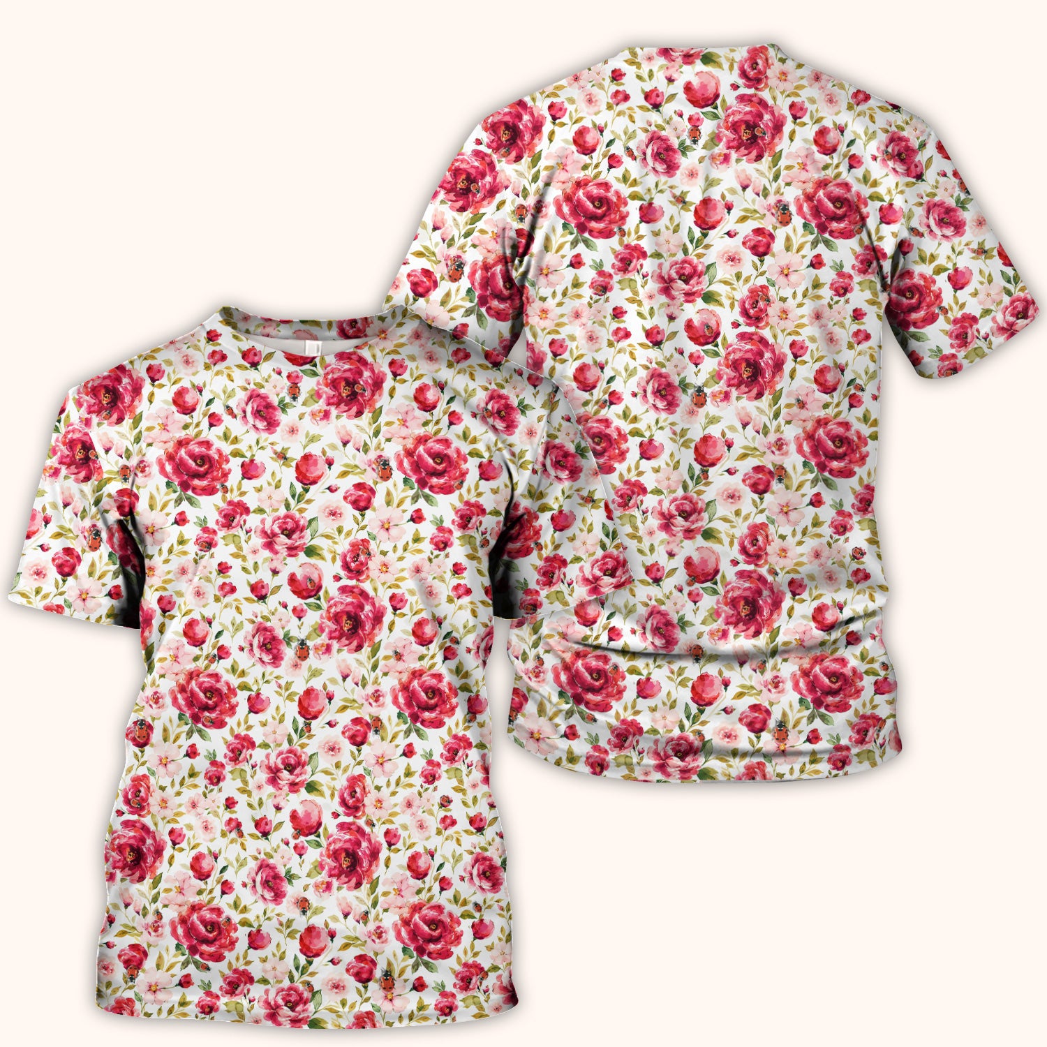 Pink Rose Ladybug Garden Pattern Scrub Top, Comfortable Scrubs for Nurses