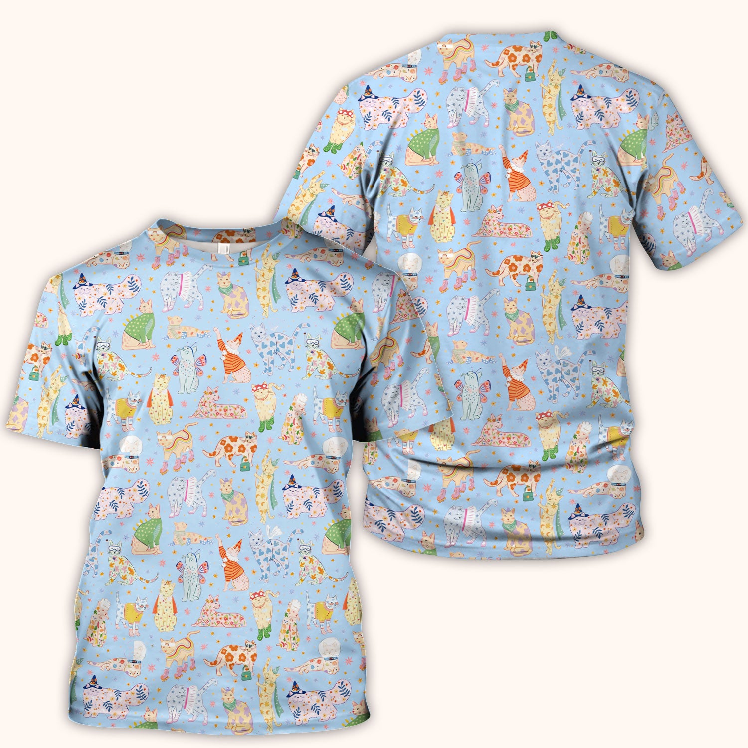 Colorful Pastel Cartoon Cats Print Scrub Top, Breathable Fabrics Nursing Uniform