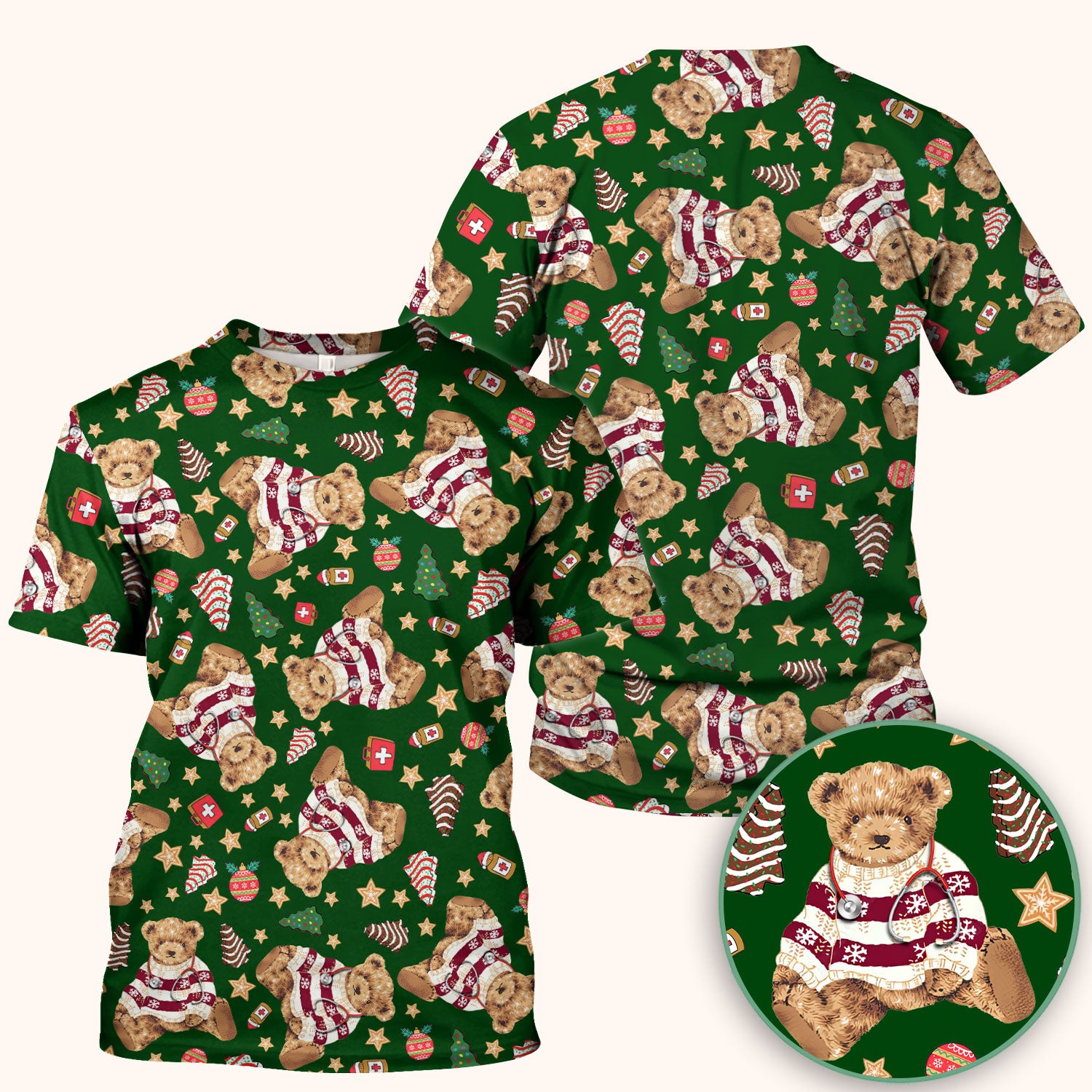 Teddy Bear Christmas Scrub Top - Cute Holiday Medical Pattern with Warm Sweater Bear - Gift for Nurses RN CNA LPN