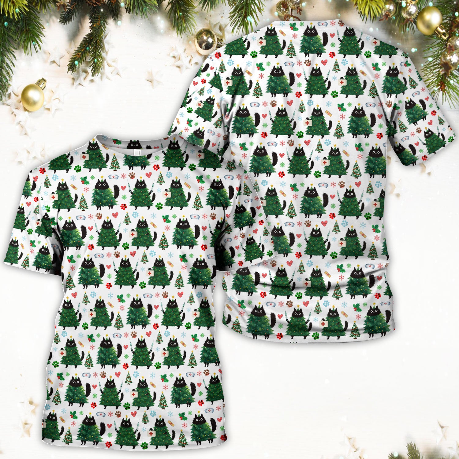 Christmas Nurse Scrub Top, Xmas Black Cat Pattern Nurse Shirt,  Breathable Fabrics Nursing Uniform