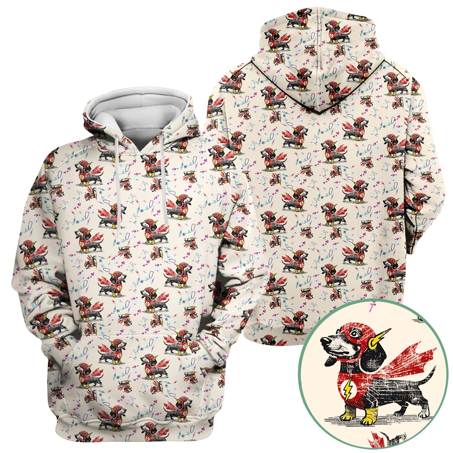 Dachshund Hero Scrub Top for Nurses - Super Nurse Funny Flash Dog Print Medical Uniform Shirt - Cute Sausage Dog Gift for RN CNA LPN