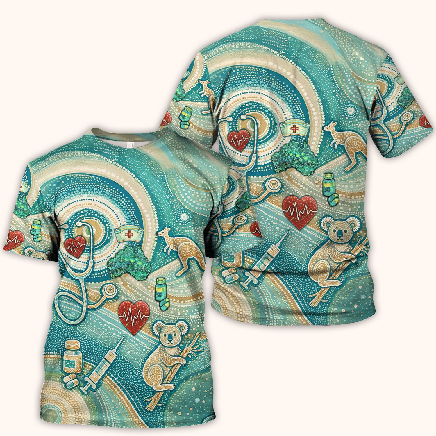 Australian Wildlife Dot Art Inspired Medical Scrub Top - Aussie Women V-Neck Shirt