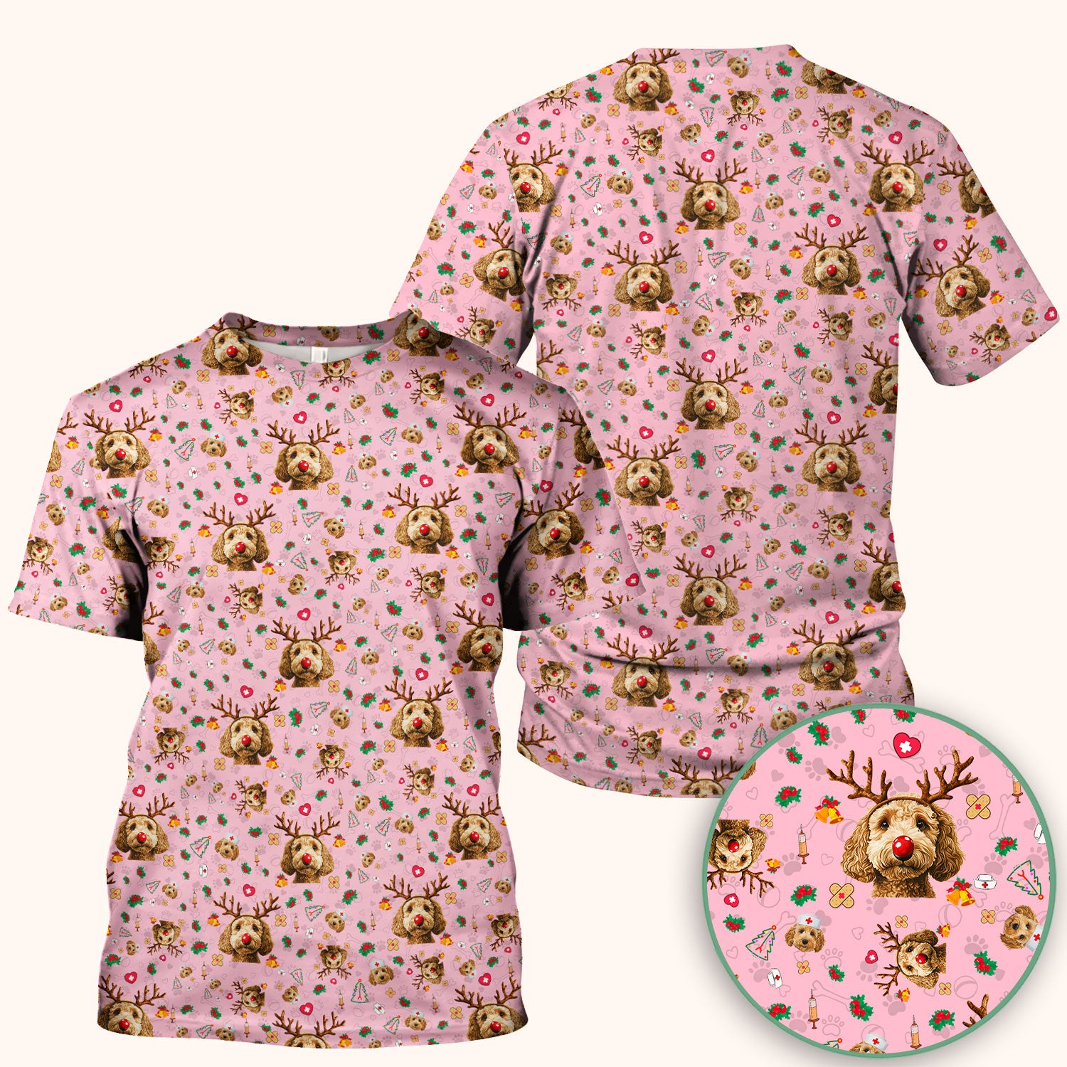 Labradoodle Reindeer Christmas Scrub Top - Funny Dog Nurse Shirt - Cute Holiday Medical Uniform for Women RN LPN CNA Gift