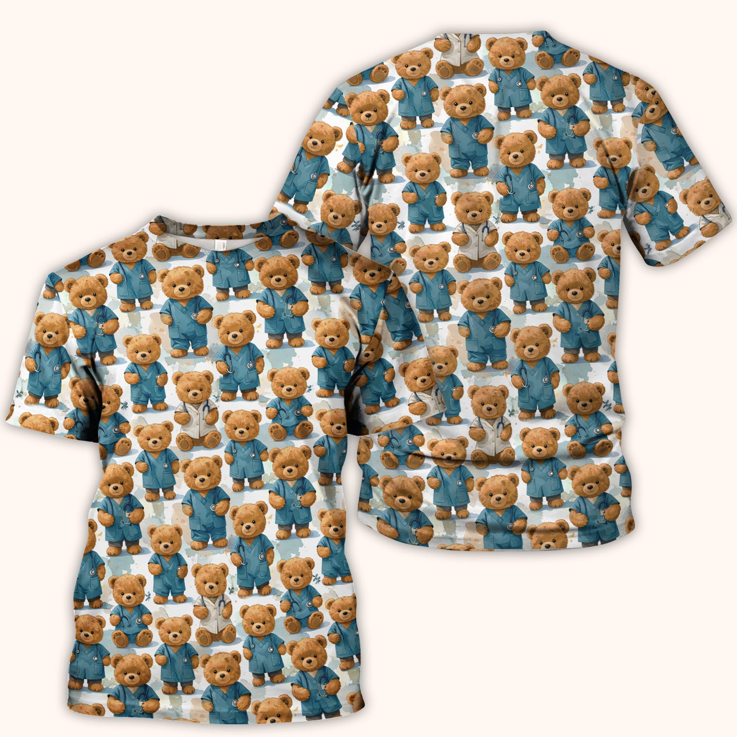 Teddy Bear Doctor Character Pattern Scrub Top, Comfortable Scrubs for Nurses