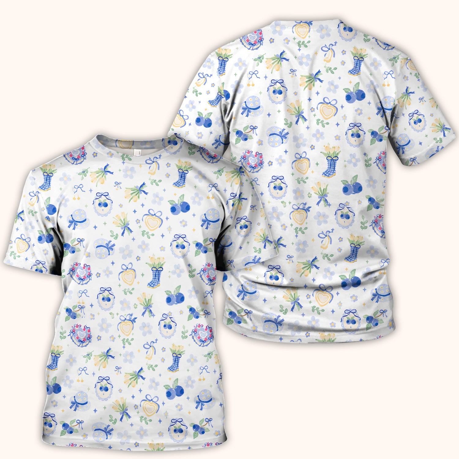 Cute Blueberry Bow Print Scrub Top, Comfortable Scrubs for Nurses