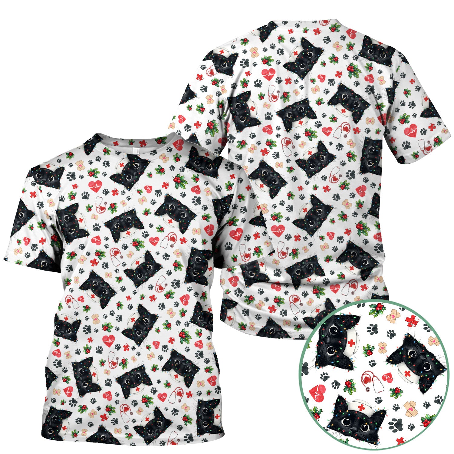 Funny Cats Scrub Top for Nurses - Black Kittens Christmas Medical Uniform - Jolly Holiday Gift for RN CNA LPN