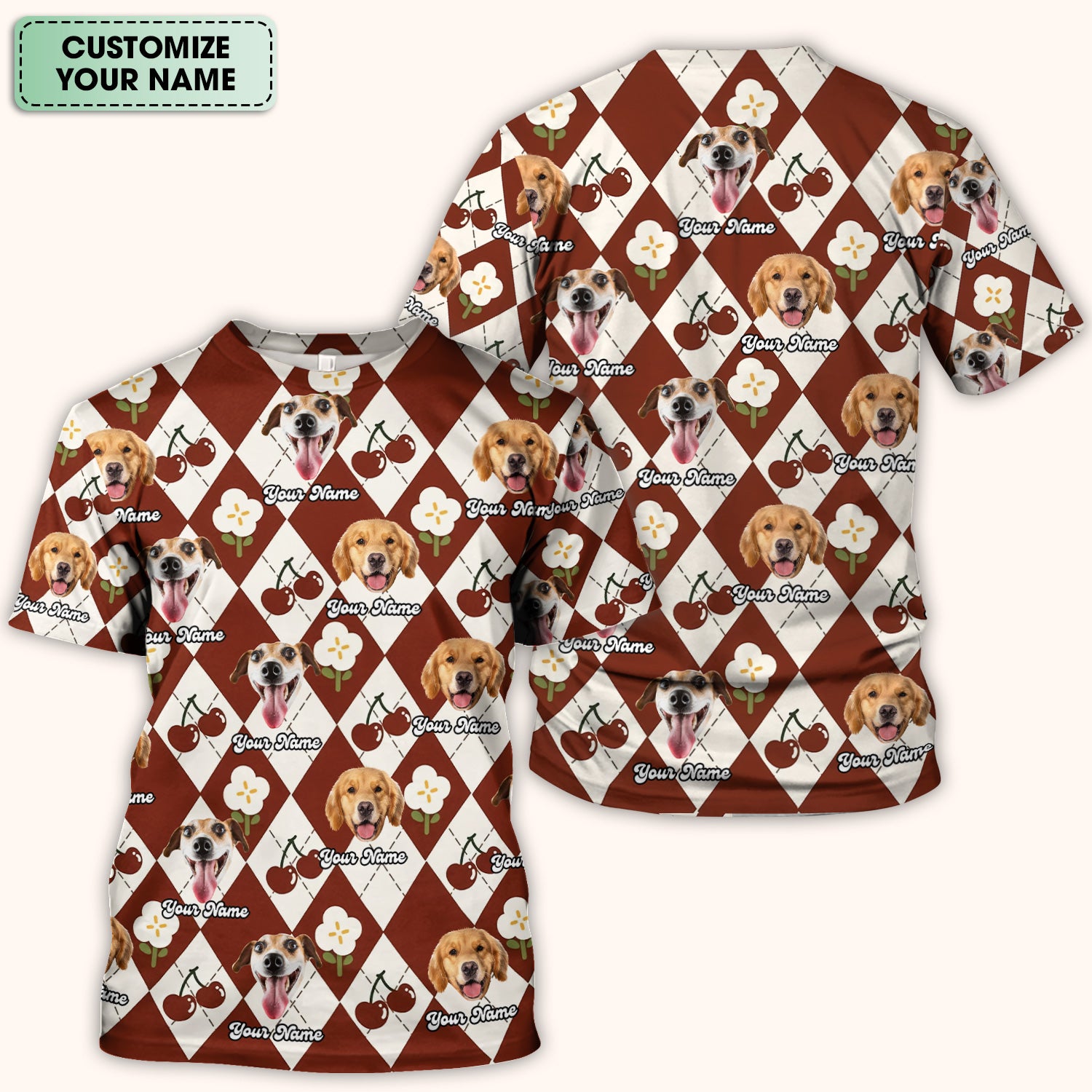 Custom Dog Face Scrub Top, Playful Dog Cherry Argyle Pattern Shirt, Comfortable Scrubs for Nurses