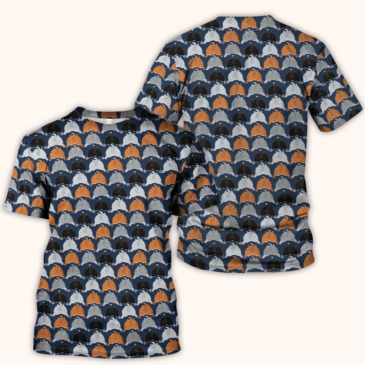 Playful Multicolor Cat Print Scrub Top, Breathable Fabrics Nursing Uniform