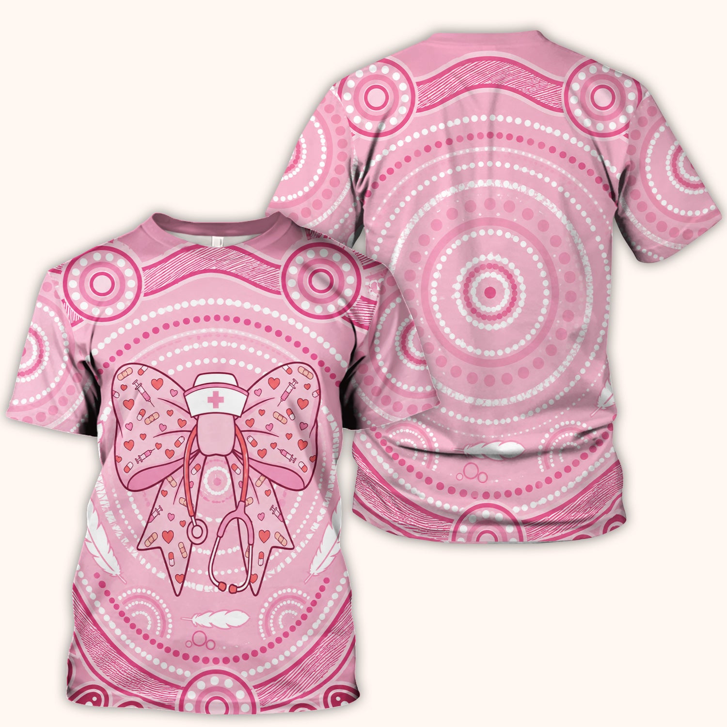 Pink Nurse Bow Stethoscope Pattern Scrub Top, Comfortable Scrubs for Nurses