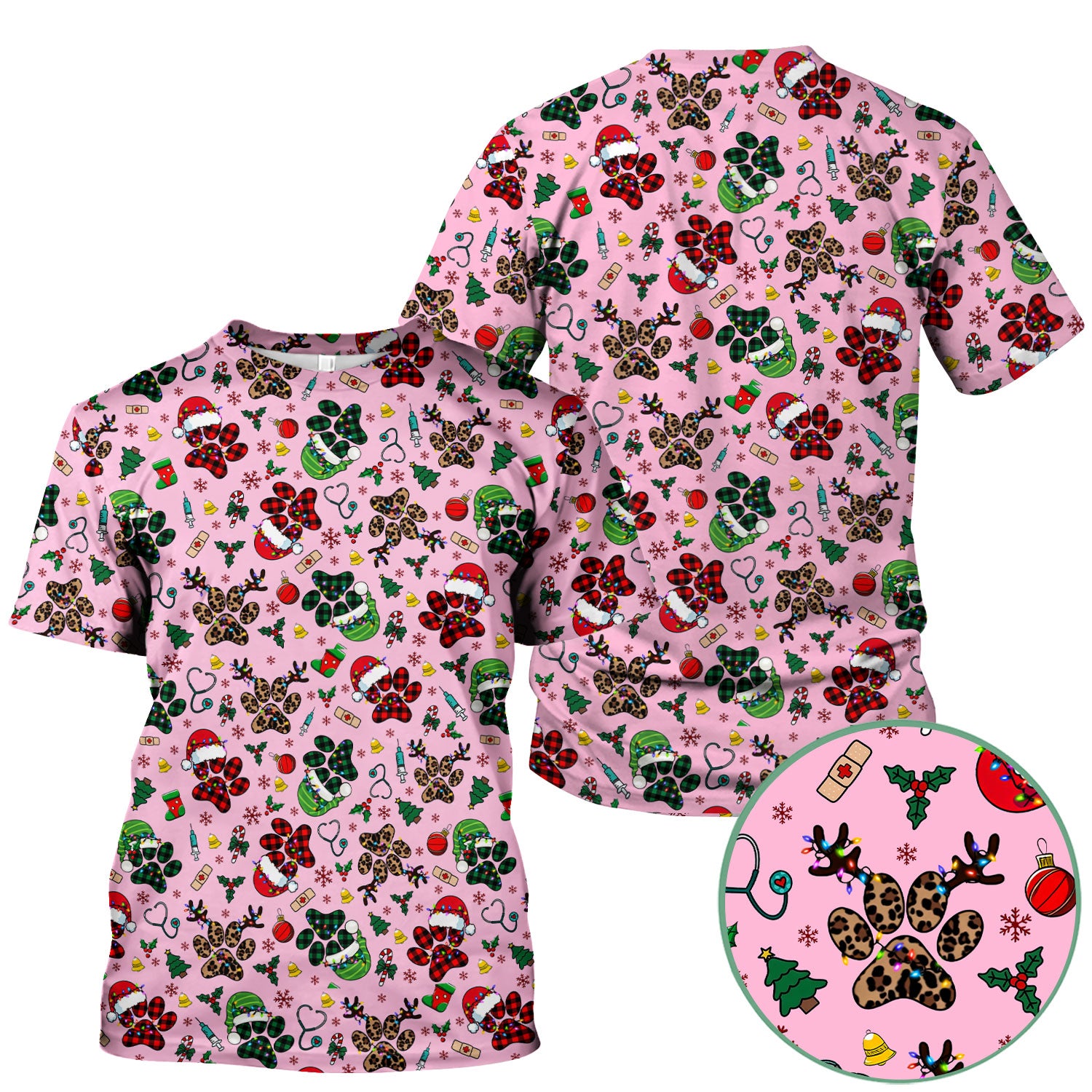 Christmas Paw Print Scrub Top for Nurses - Cute Leopard Holiday Pattern - Funny Festive Medical Uniform Gift
