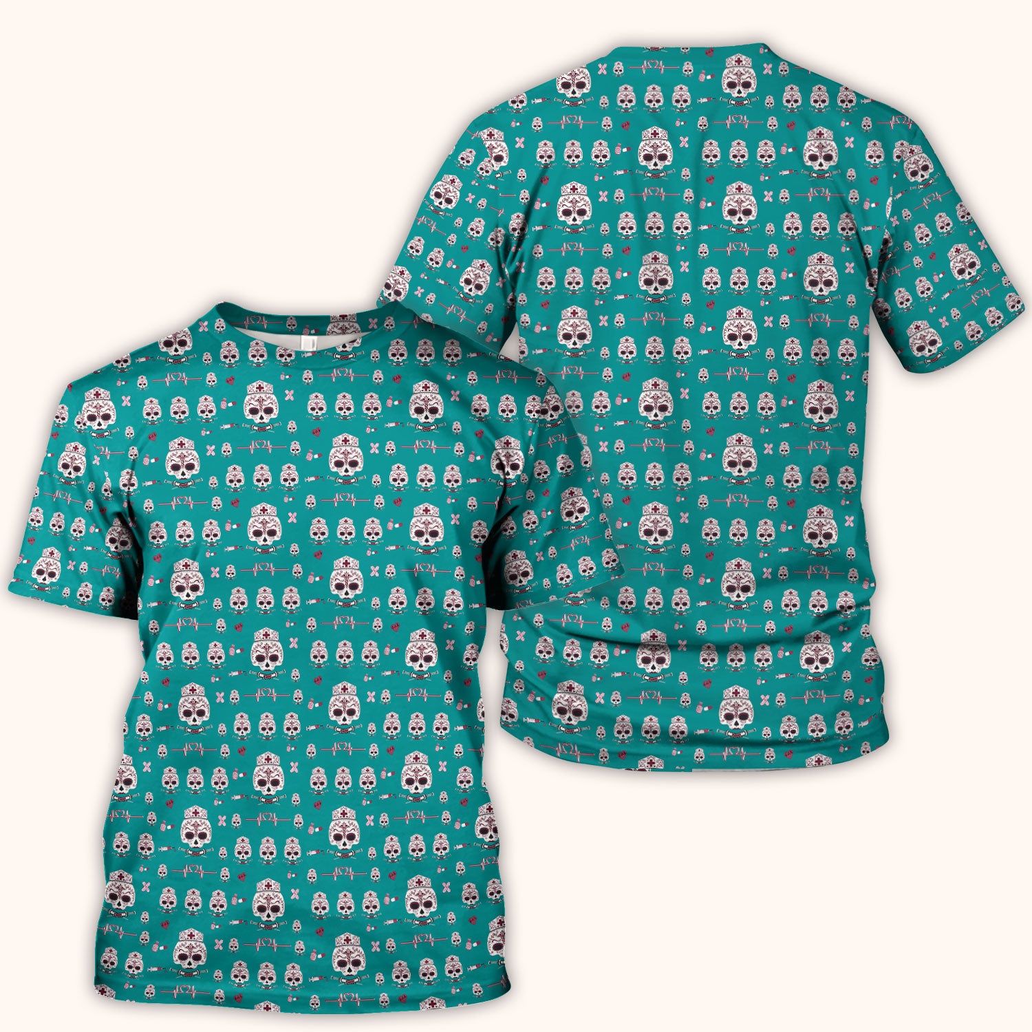 Sugar Skull Scrub Top, Skull Pattern Scrub Shirt, Breathable Fabrics Nursing Uniform
