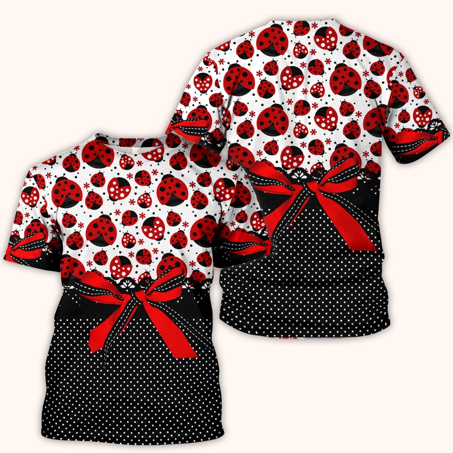Cute Ladybug Red Ribbon Polka Pattern Scrub Top, Breathable Fabrics Nursing Uniform