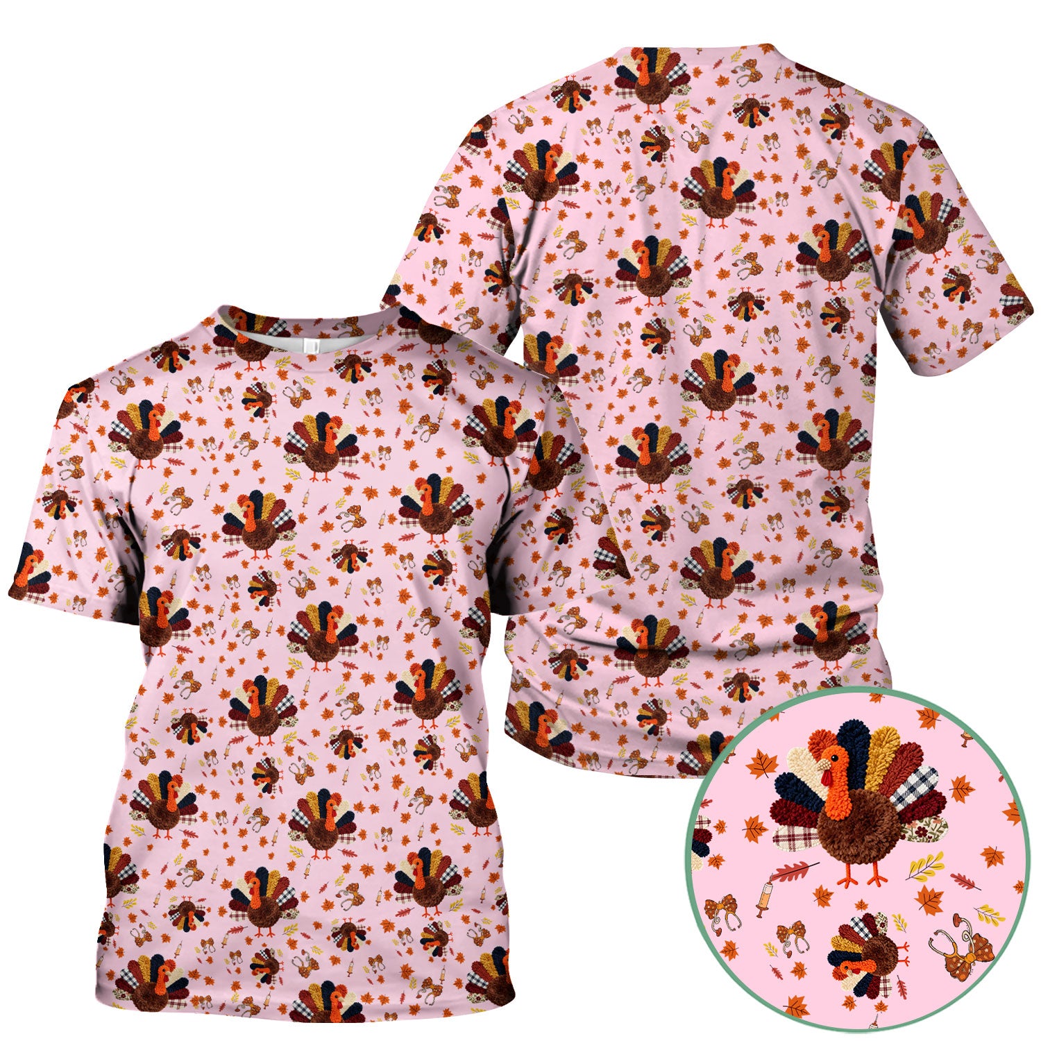 Funny Thanksgiving Nurse Scrub Top - Fall Leaves and Pumpkin Shirt - Autumn Turkey Med Uniform Gift for RN CNA LPN