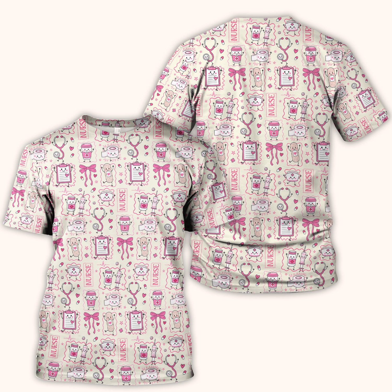 Cute Nurse Doodle with Bandage & Coffee Icons Scrub Top, Comfortable Scrubs for Nurses