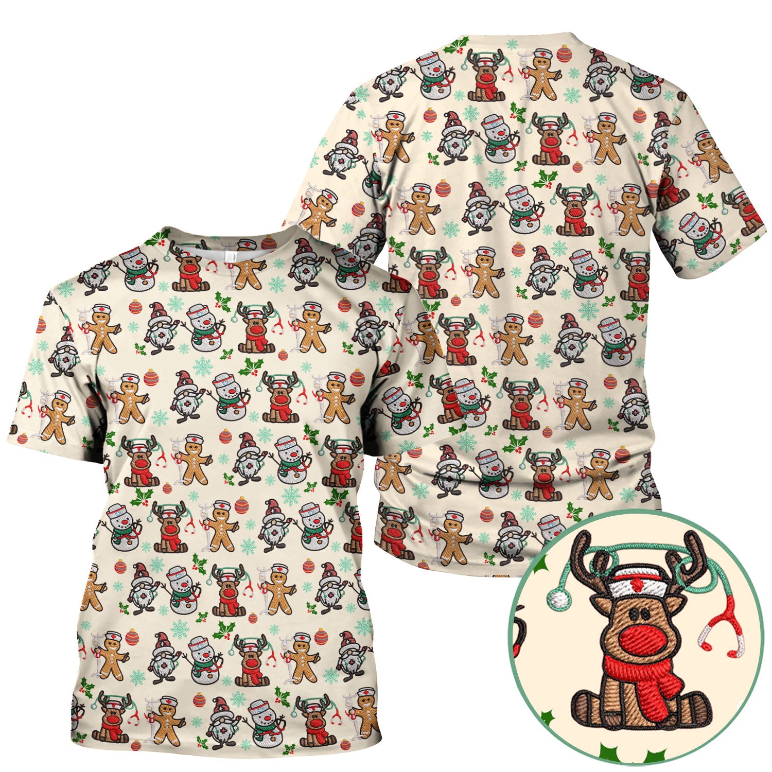 Christmas Gingerbread Scrubs for Women - Comfortable Scrubs for Nurses - Reindeer Santa Med Shirt - Breathable Fabrics Nursing Uniform