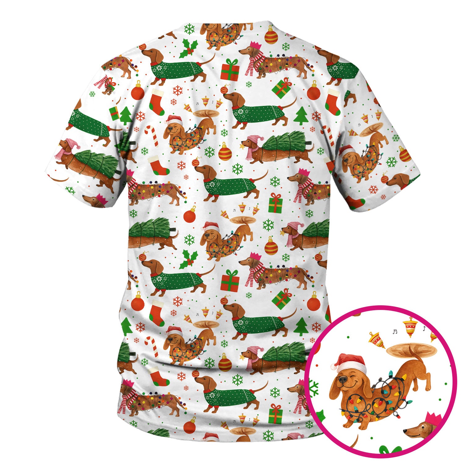 Christmas Dachshund Scrub Top - Funny Dog Scrub Shirt Multi Color - Holiday Medical Scrubs Gift for Nurse, CNA, RN, Doctor, Vet