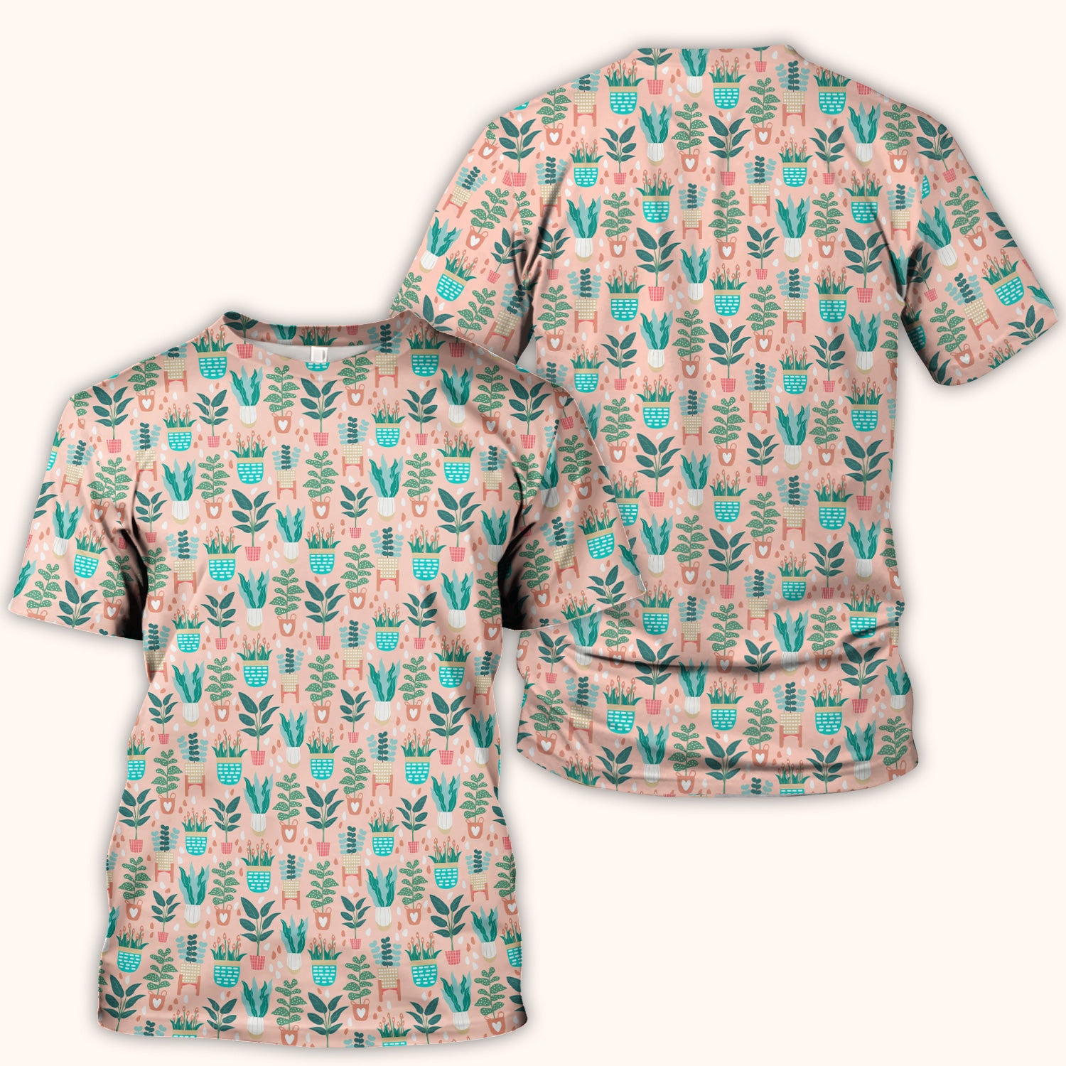 Potted Houseplant Leaves Pattern Scrub Top, Comfortable Scrubs for Nurses
