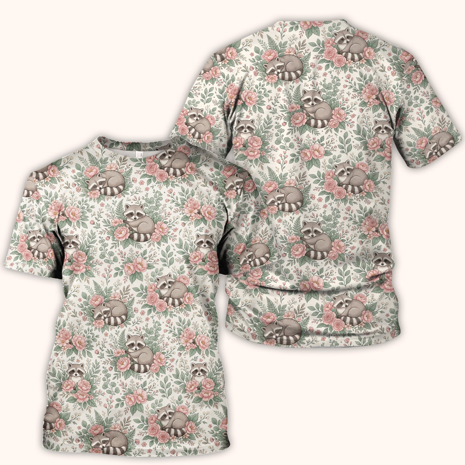 Sleeping Raccoon Rose Garden Pattern Scrub Top, Breathable Fabrics Nursing Uniform