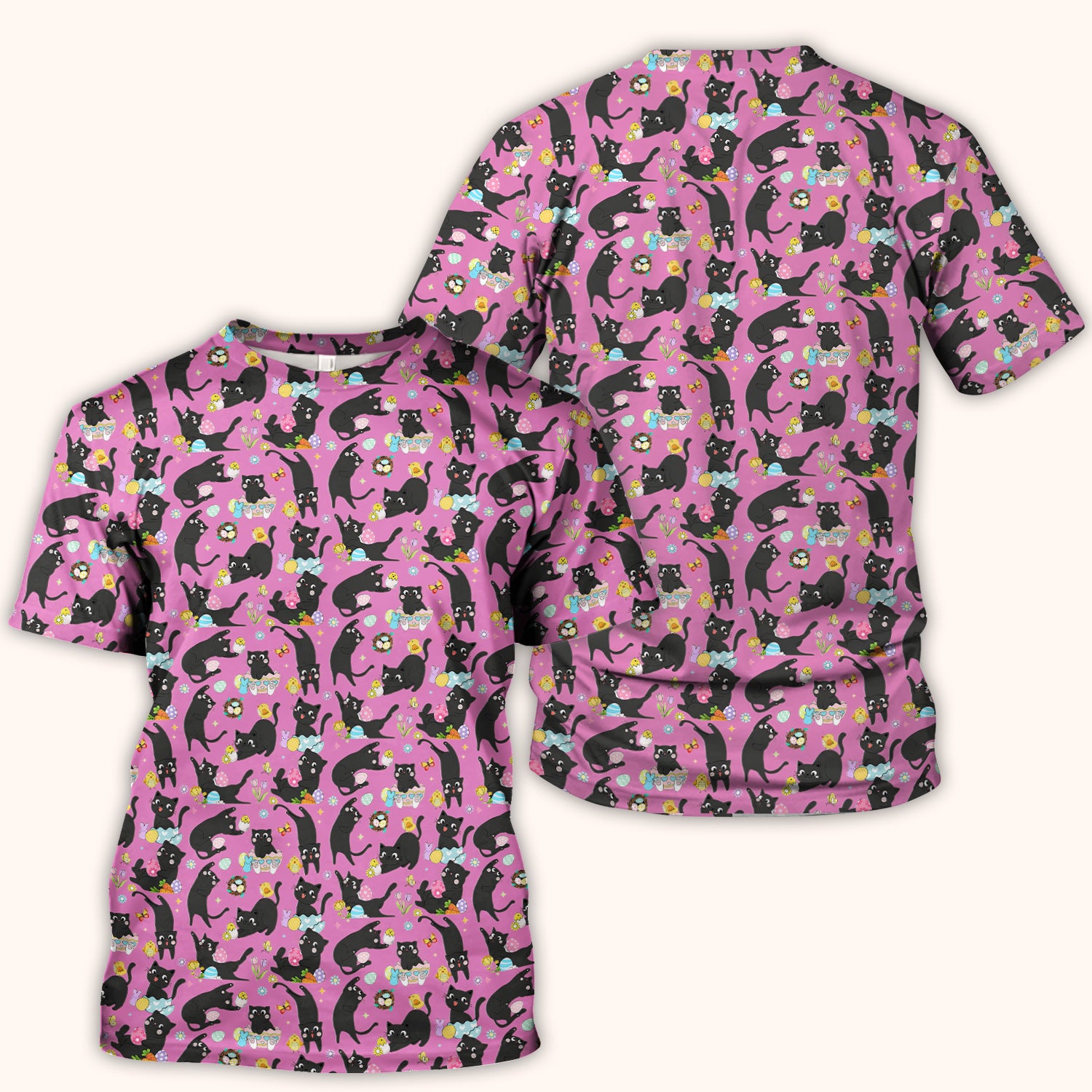Playful Black Cat Easter Egg Pattern Scrub Top, Comfortable Scrubs for Nurses