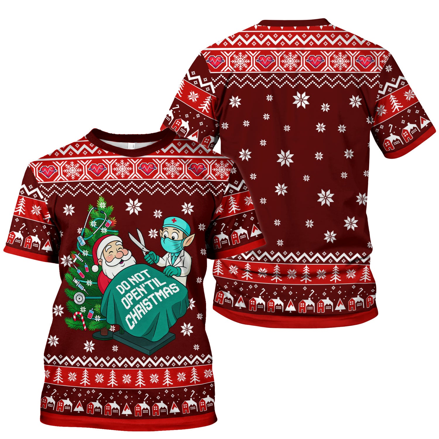 Funny Scrub Top for Women - Do Not Open Til Christmas Santa and Elf - Holiday Medical Uniform Gift for RN LPN CNA