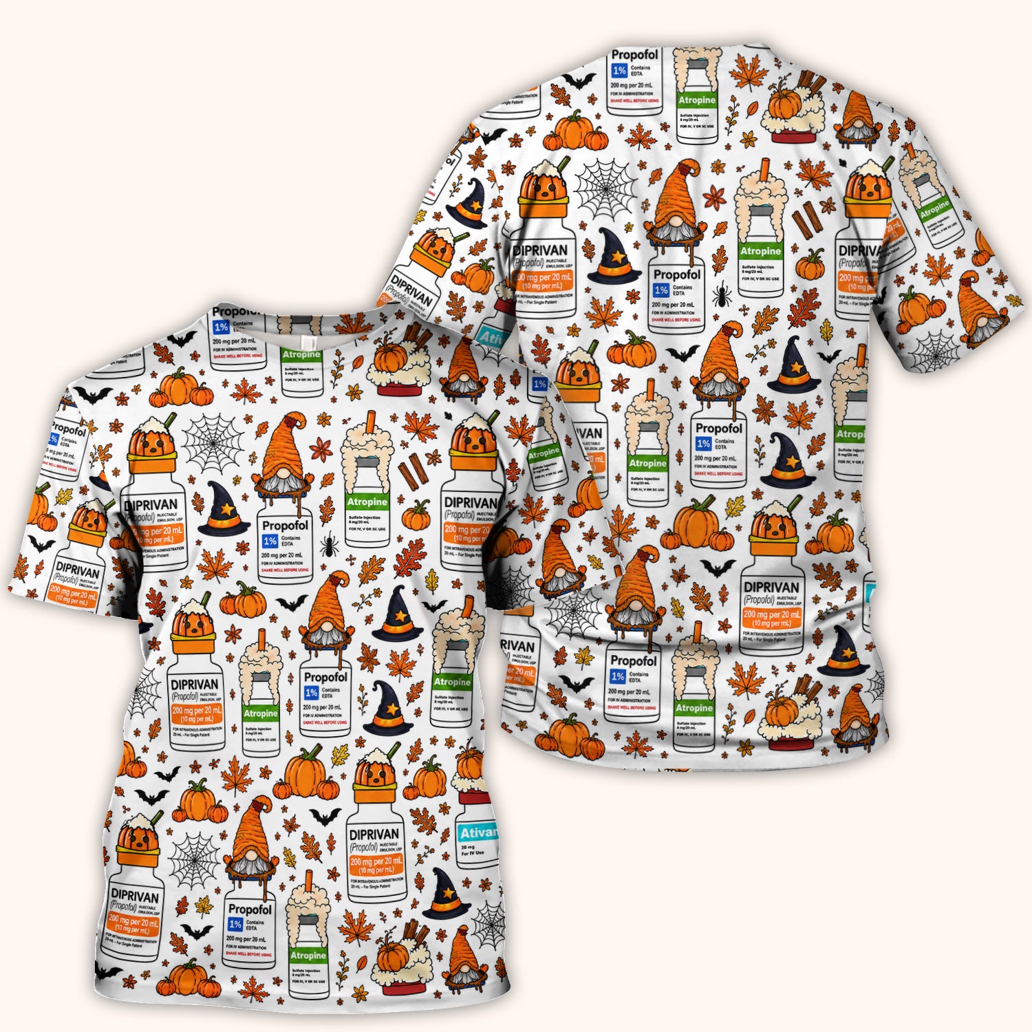 Funny Witch Hat & Pumpkin Print Scrub Top, Comfortable Scrubs for Nurses