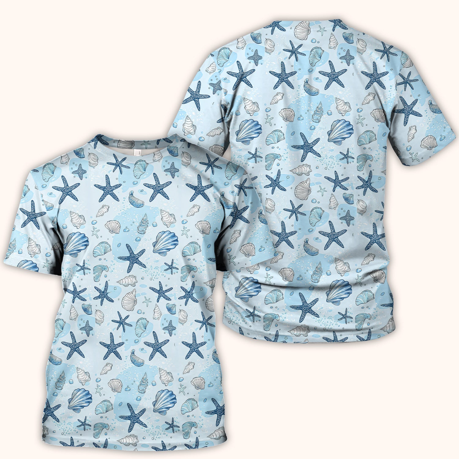 Ocean Shell And Starfish Print Scrub Top, Breathable Fabrics Nursing Uniform
