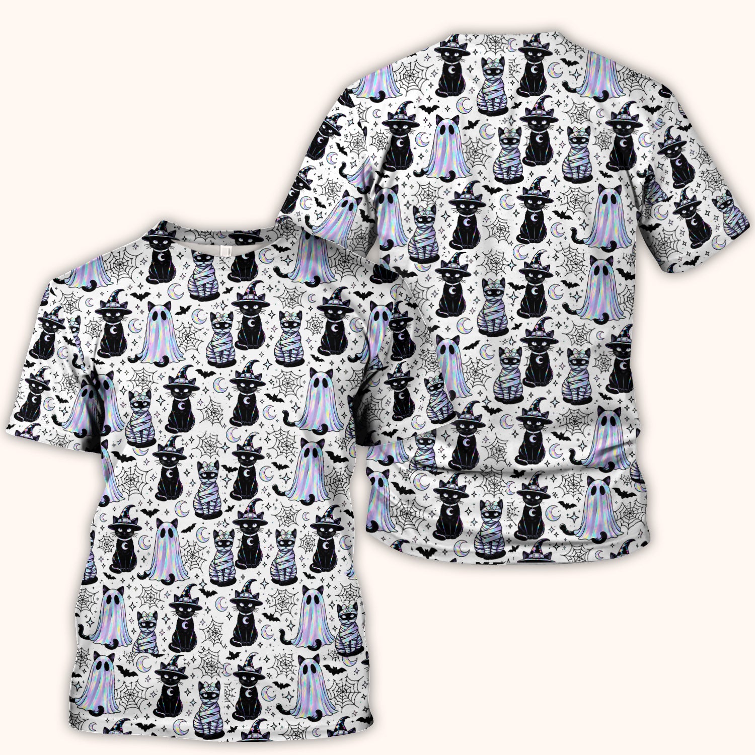 Ghost Witch Cat Pattern Scrub Top, Comfortable Scrubs for Nurses