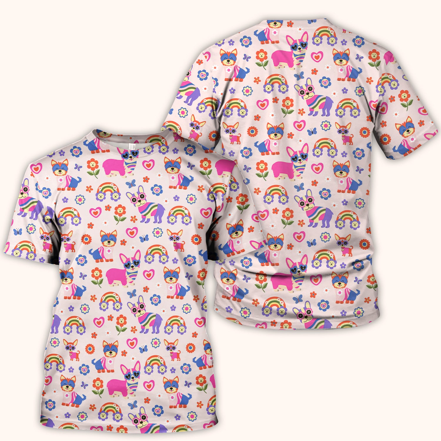 Colorful Cartoon Dogs With Rainbow Flowers Pattern Scrub Top, Breathable Fabrics Nursing Uniform