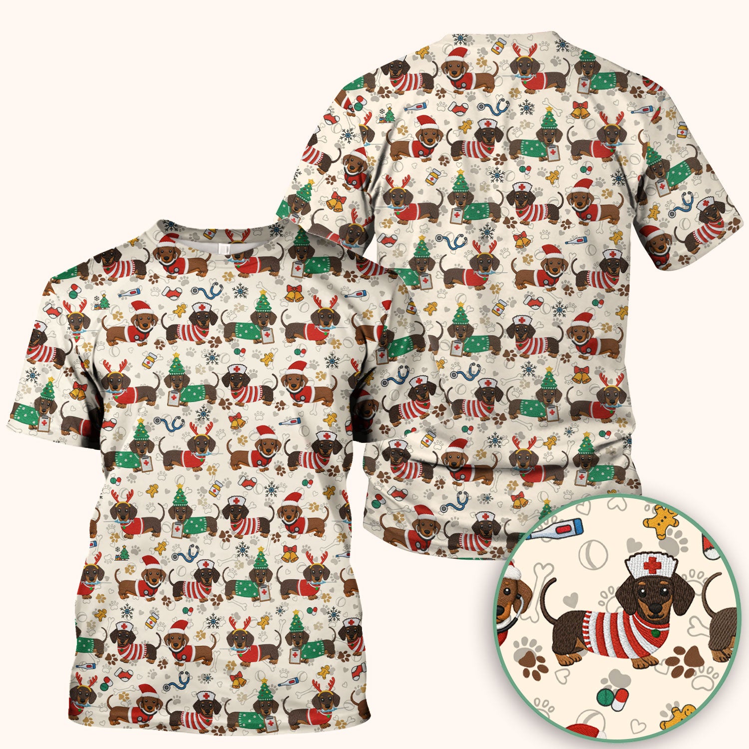 Christmas Dachshund Scrub Top for Nurses - Cute Wiener Dog Pattern Medical Shirt - Festive Holiday Scrubs Gift for Women RN CNA LPN