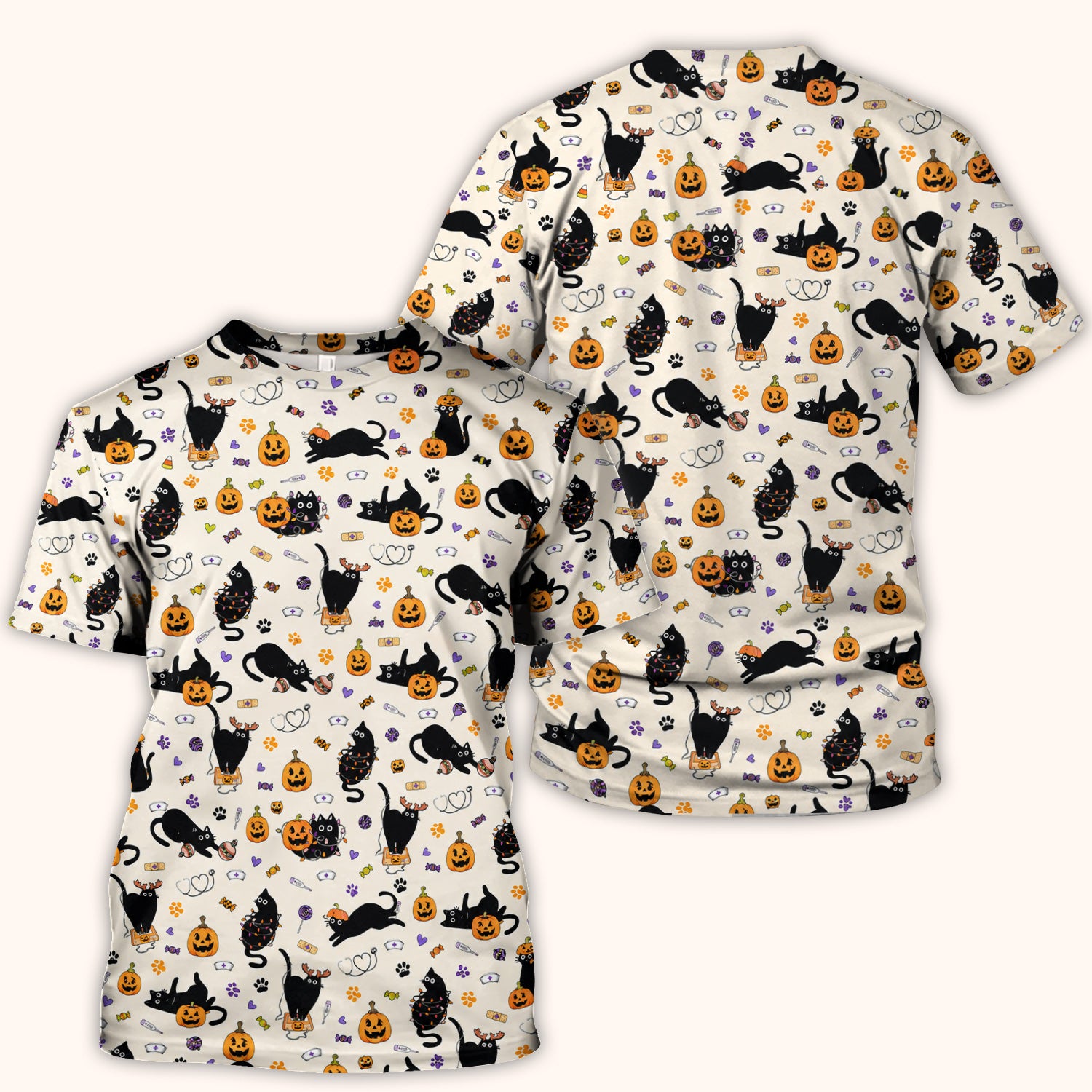 Pumpkin Black Cat Pattern Scrub Top, Comfortable Scrubs for Nurses