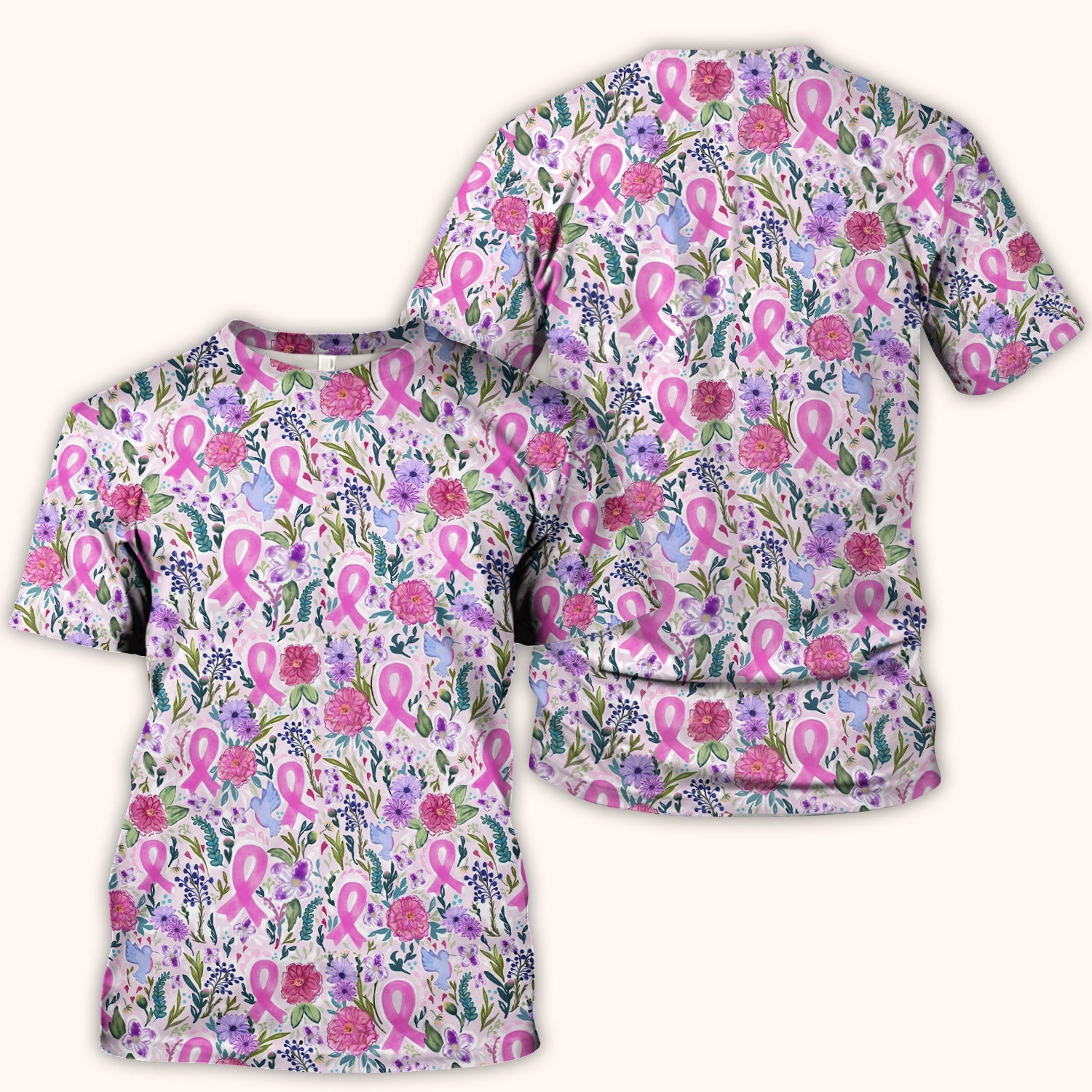 Floral Pink Ribbon Print Scrub Top, Comfortable Scrubs for Nurses