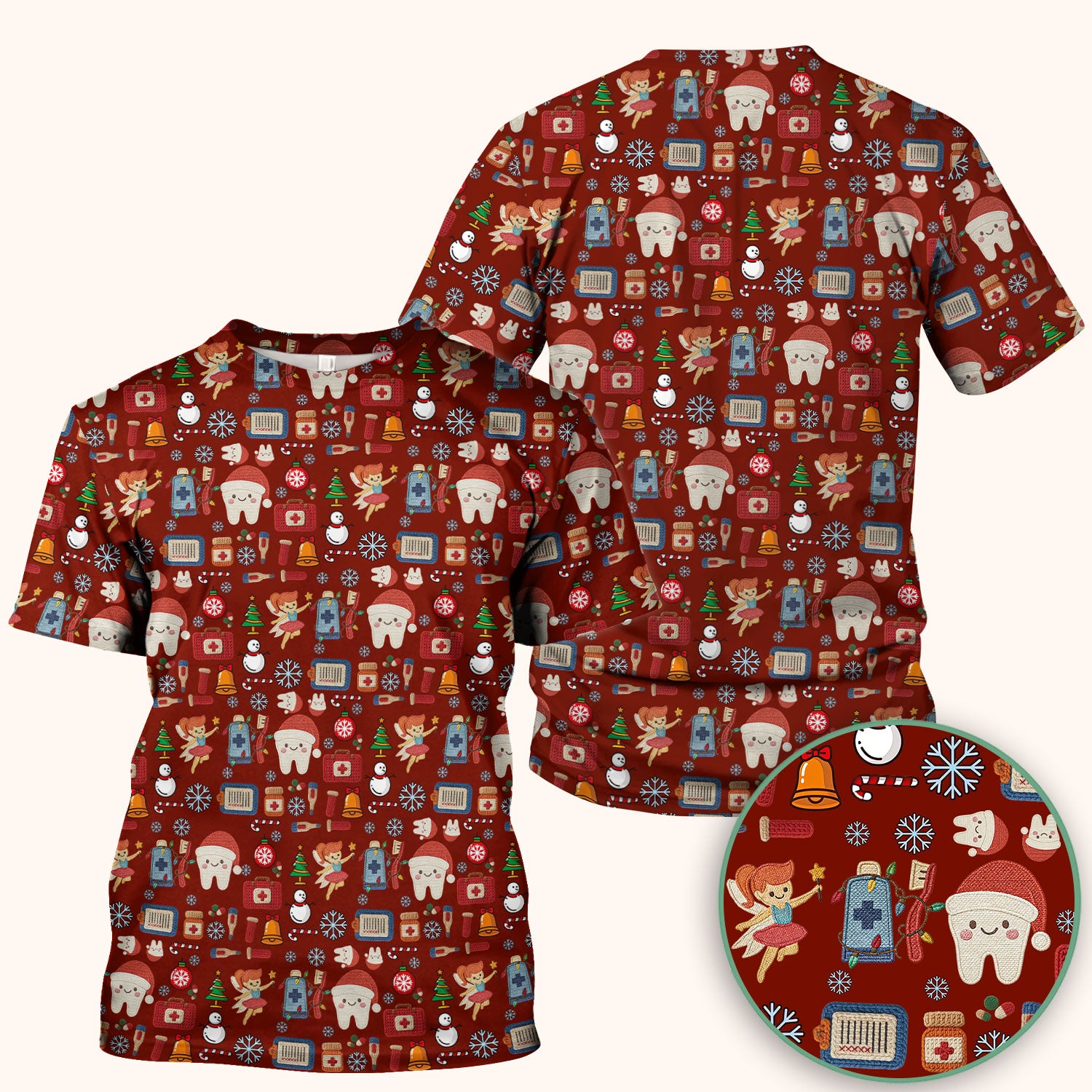 Christmas Dental Scrub Top - Cute Santa Tooth & Snowman Shirt - Festive Holiday Medical Uniform for Dentists, Hygienists & Nurses