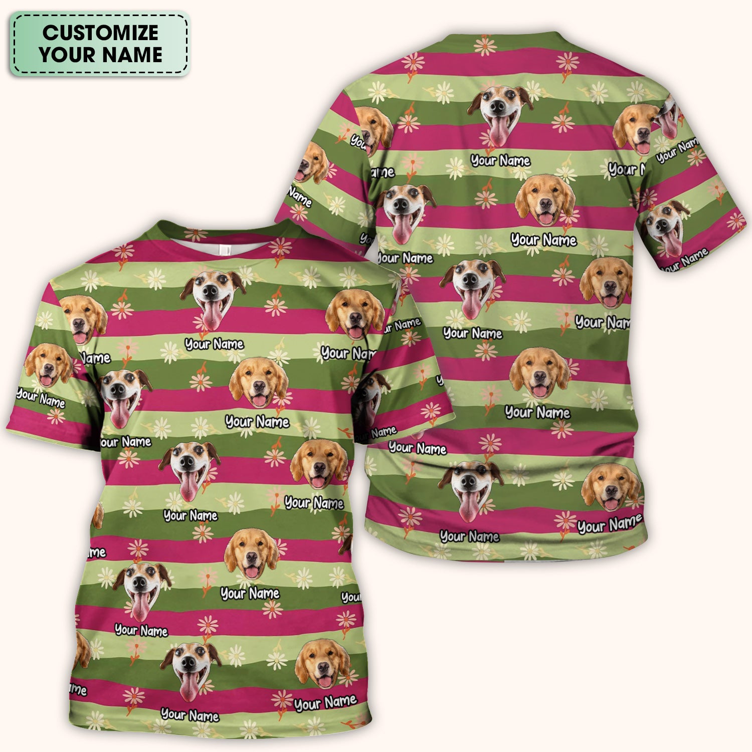 Personalized Floral Dog Portrait With Spring Stripes Pattern Scrub Top, Comfortable Scrubs for Nurses