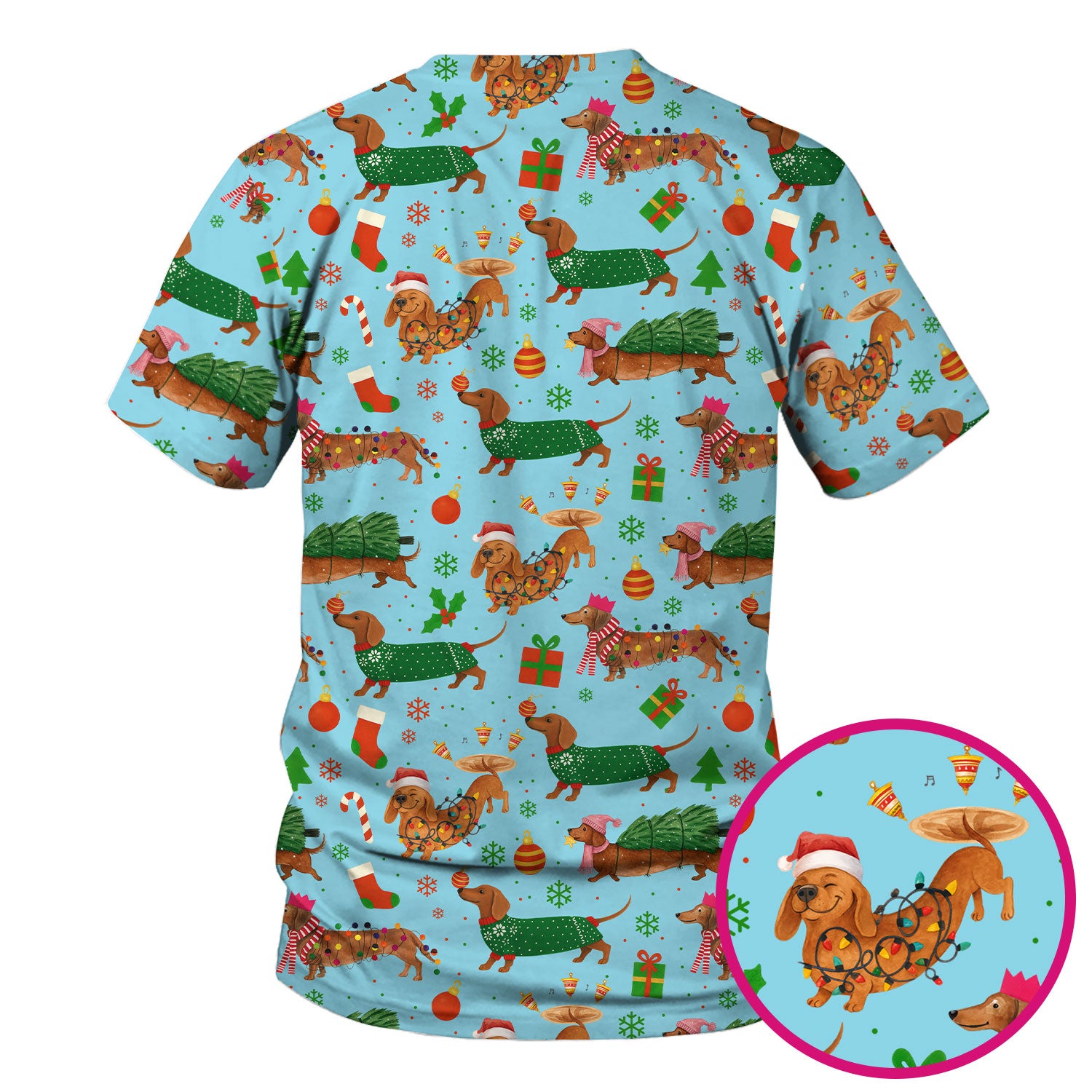 Funny Christmas Dog Scrub Top - Dachshund Multi Color Scrub Shirt - Holiday Scrubs Gift for Nurse, CNA, RN, Doctor, Medical Staff