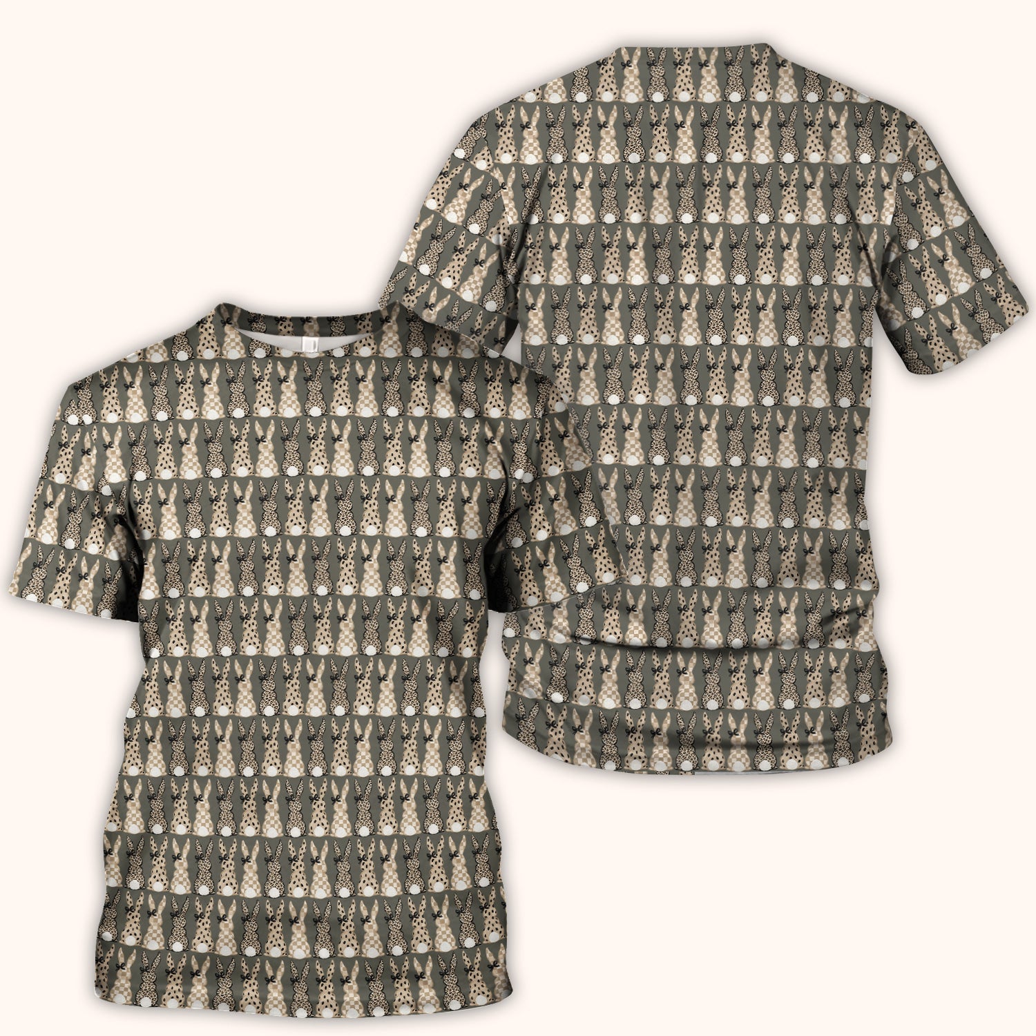 Vintage Bunny Pattern Beige Scrub Top, Comfortable Scrubs for Nurses