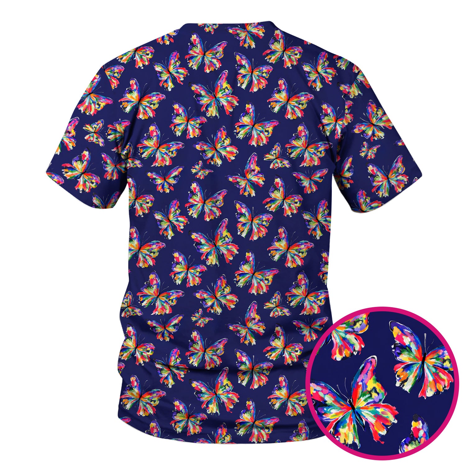 Vibrant Rainbow Butterfly Pattern Scrub Top, Comfortable Scrubs for Nurses