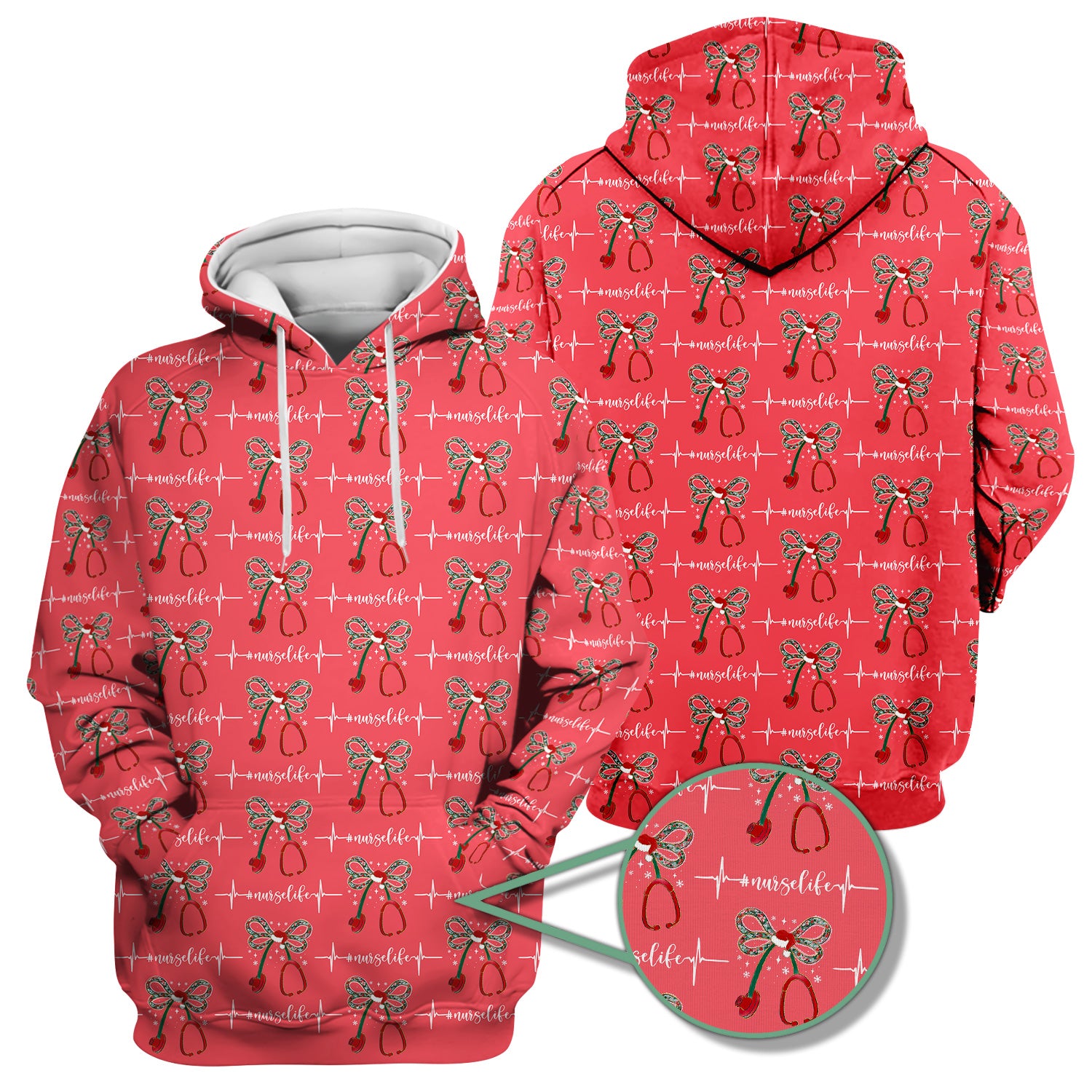 Personalized Funny Nurse Christmas Scrub Top - Stethoscope with Holiday Bow & Heartbeat Pattern - Gift for RN LPN CNA Healthcare Staff