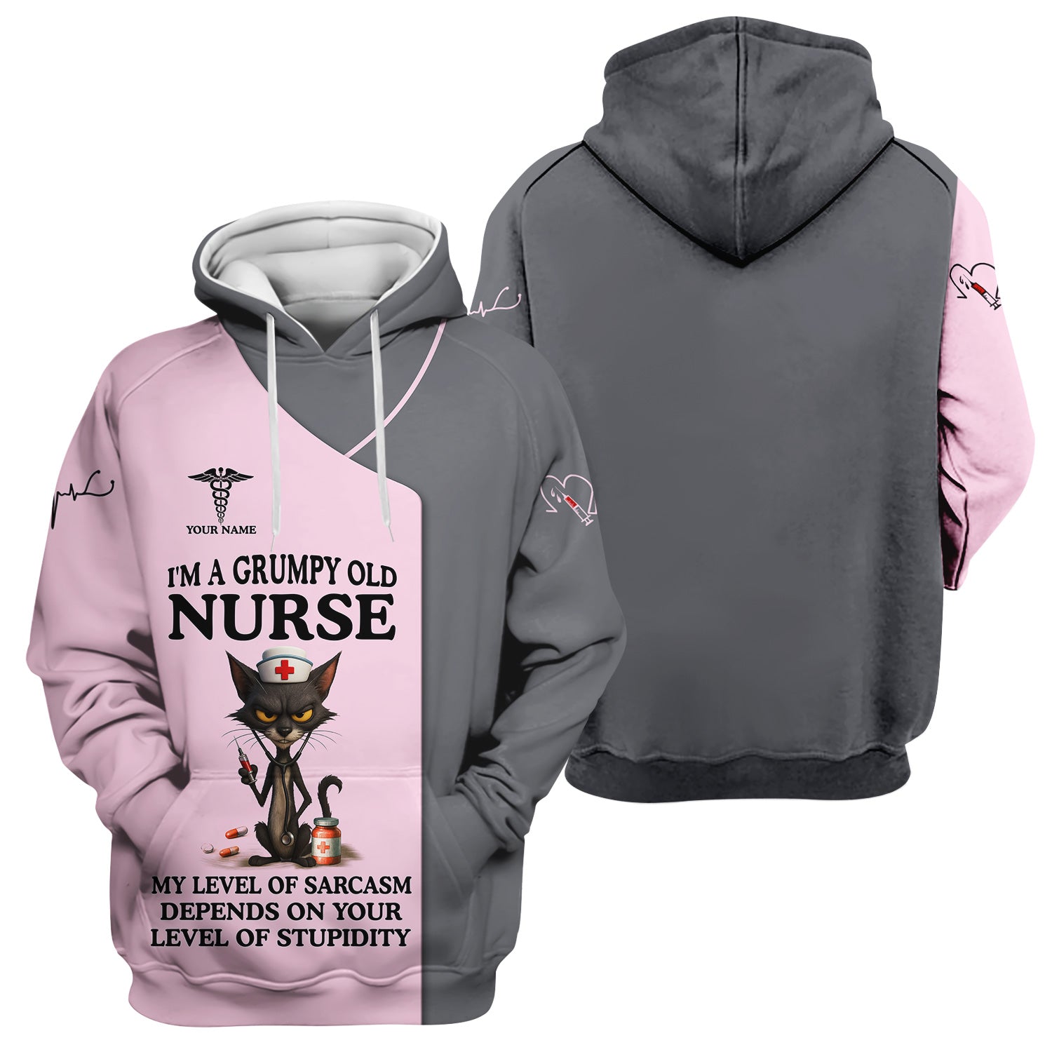 Sarcastic Grumpy Old Nurse Shirt - Black Cat Humo & Caduceus Symbol Design - Personalized Gift for RN LPN CNA Healthcare Workers