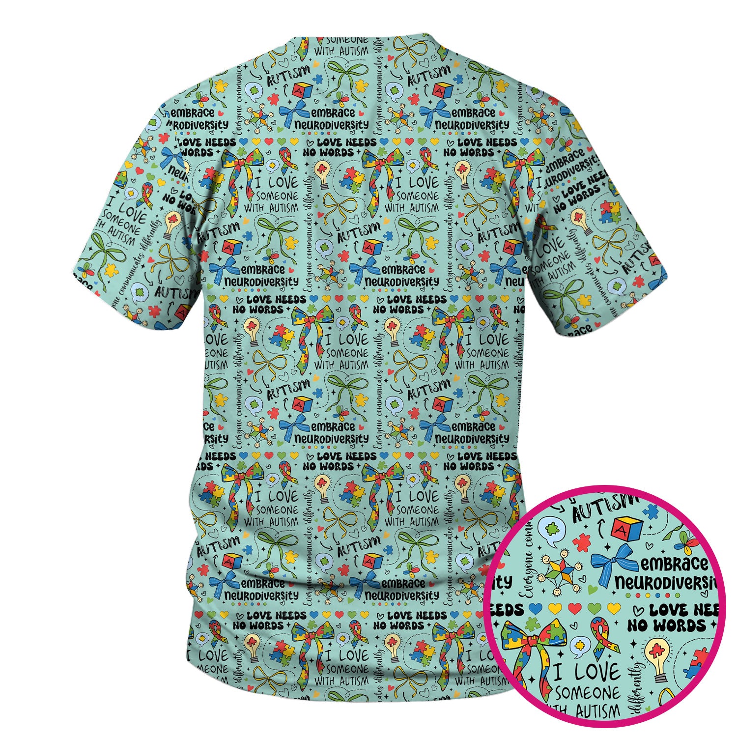Autism Awareness Puzzle Ribbon Pattern Scrub Top, Breathable Fabrics Nursing Uniform