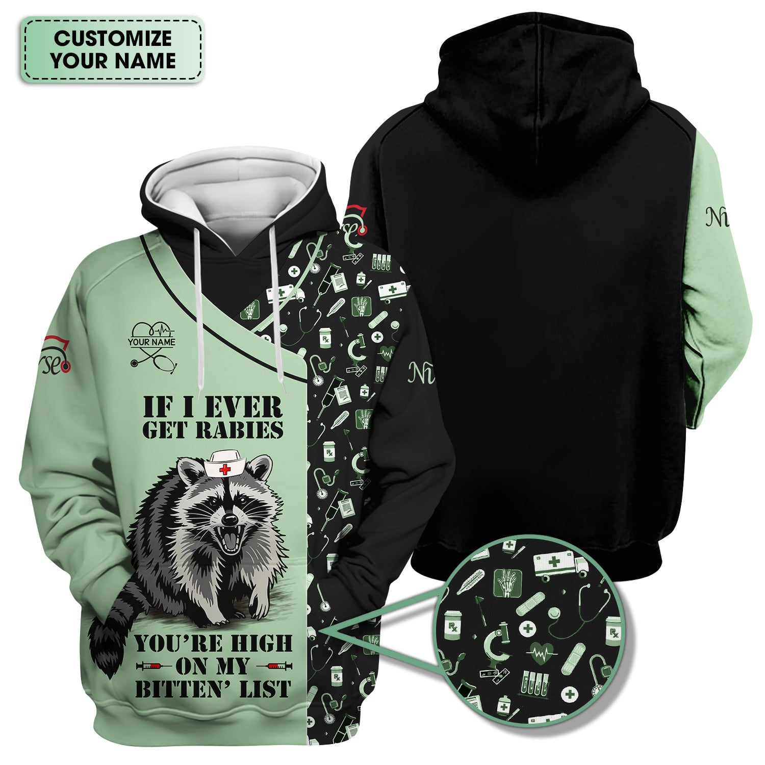 Personalized Funny Nurse Scrub for Women - Raccoon Nurse Graphic Design - Medical Gift for RN LPN CNA Healthcare Staff