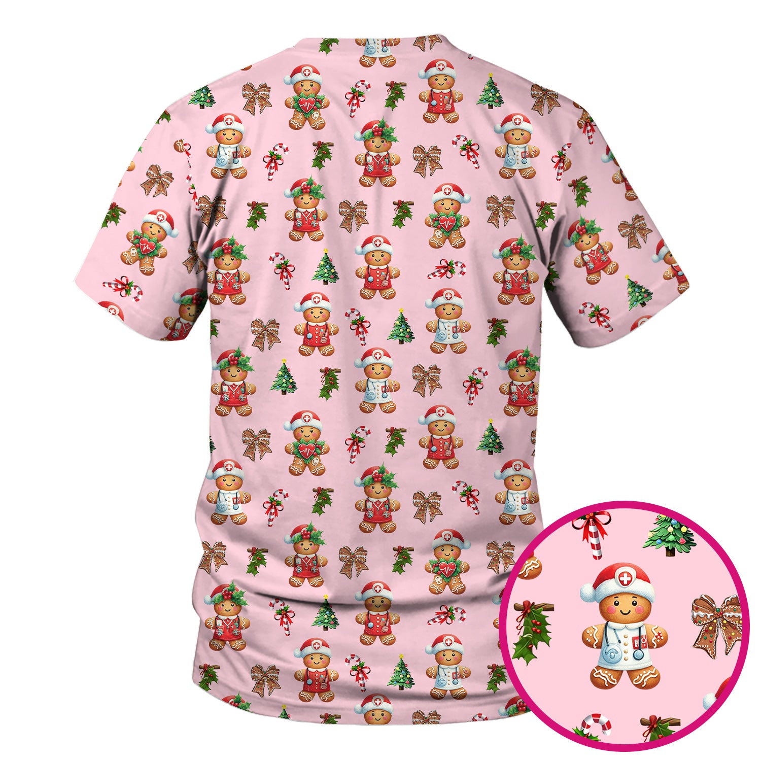 Funny Gingerbread Christmas Scrub Top - Cute Cookie with Bow Shirt - Festive Holiday Scrubs for Women