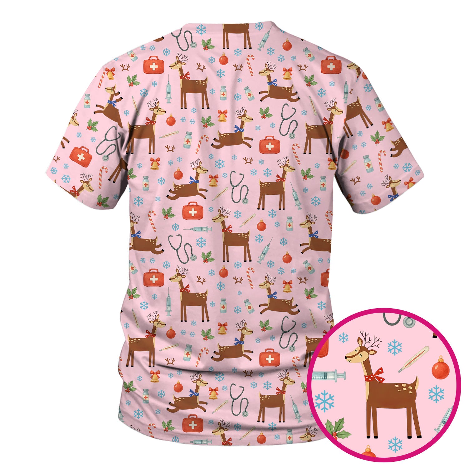 Reindeer Christmas Scrub Top - Snowflakes Candy Canes Holiday Medical Shirt - Xmas Scrubs for Women RN CNA LPN