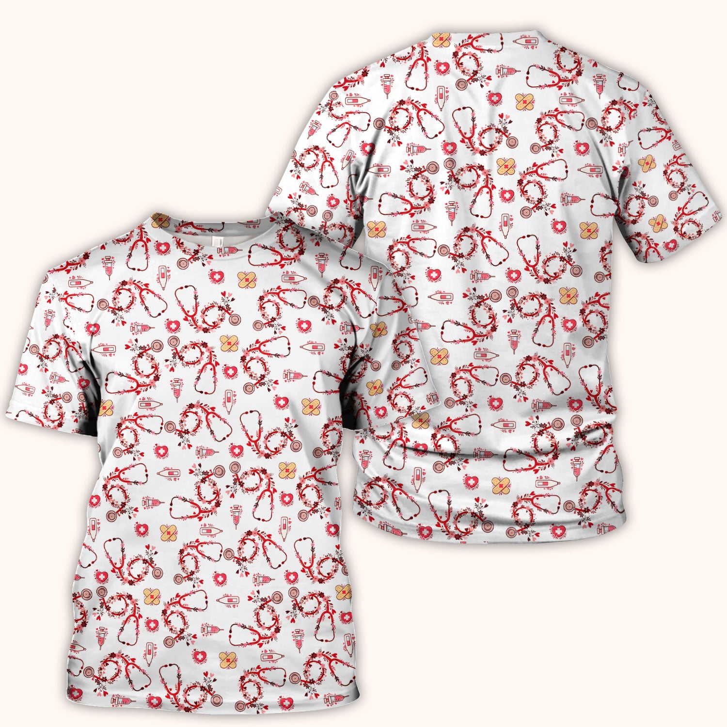 Heart Stethoscope Medical Pattern Scrub Top, Breathable Fabrics Nursing Uniform