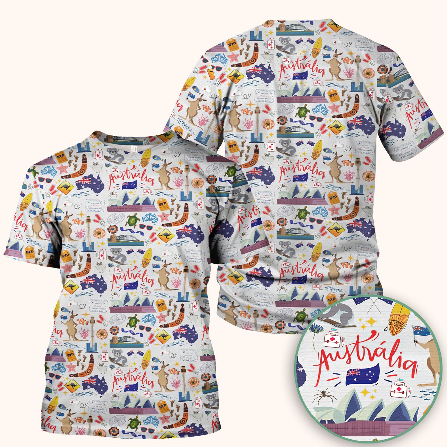 Australia Scrub Top for Women - Aussie Icons with Kangaroo Koala Opera House - Travel Medical Uniform Gift for LPN RN CNA
