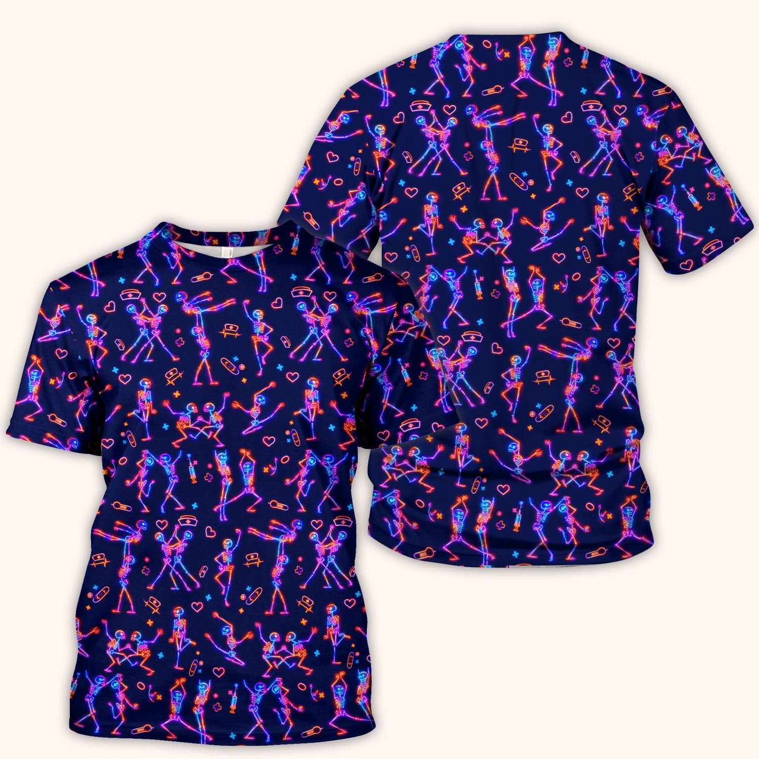 Neon Dancing Skeleton Medical Pattern Scrub Top, Comfortable Scrubs for Nurses