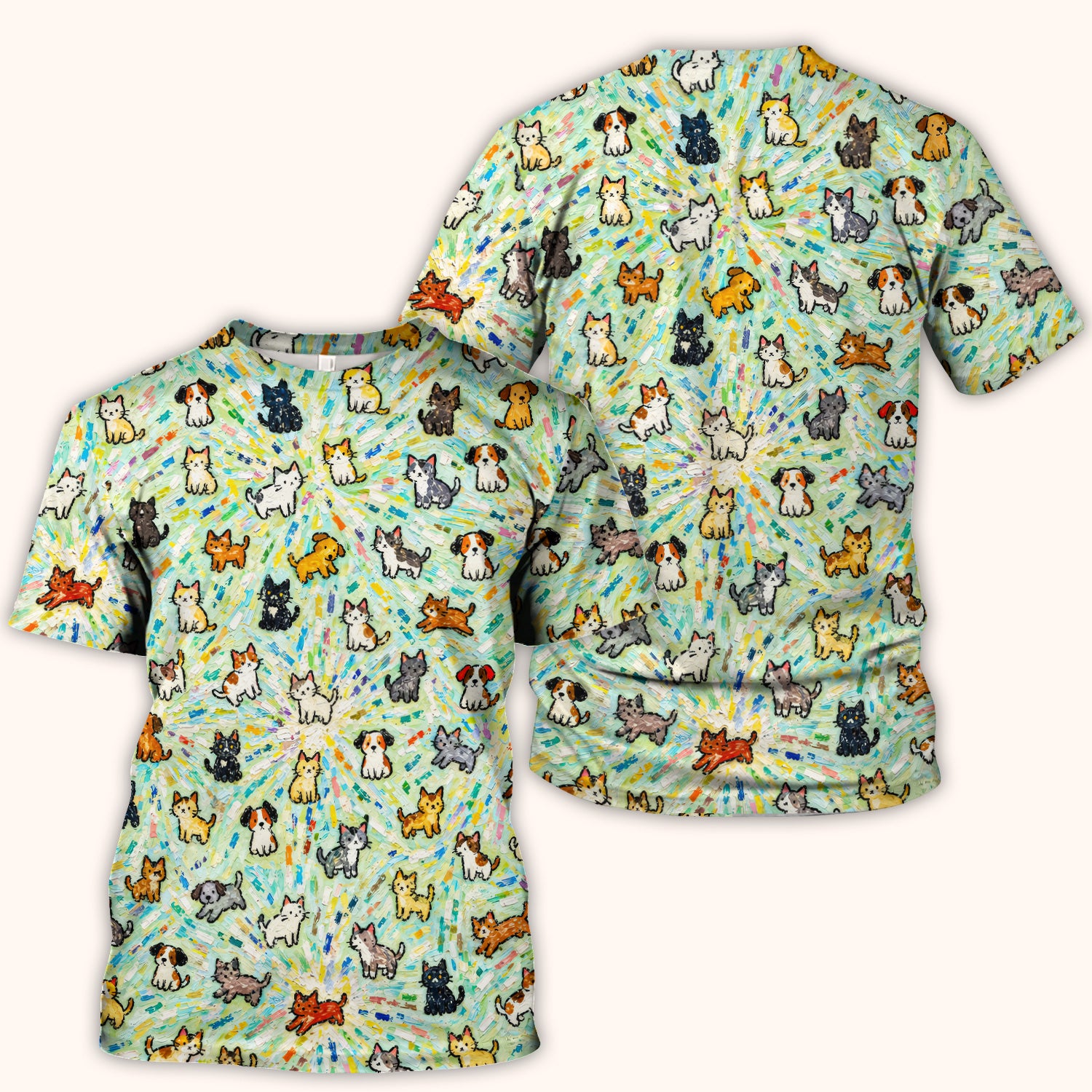 Colorful Cats Dogs Doodle Pattern Scrub Top, Comfortable Scrubs for Nurses