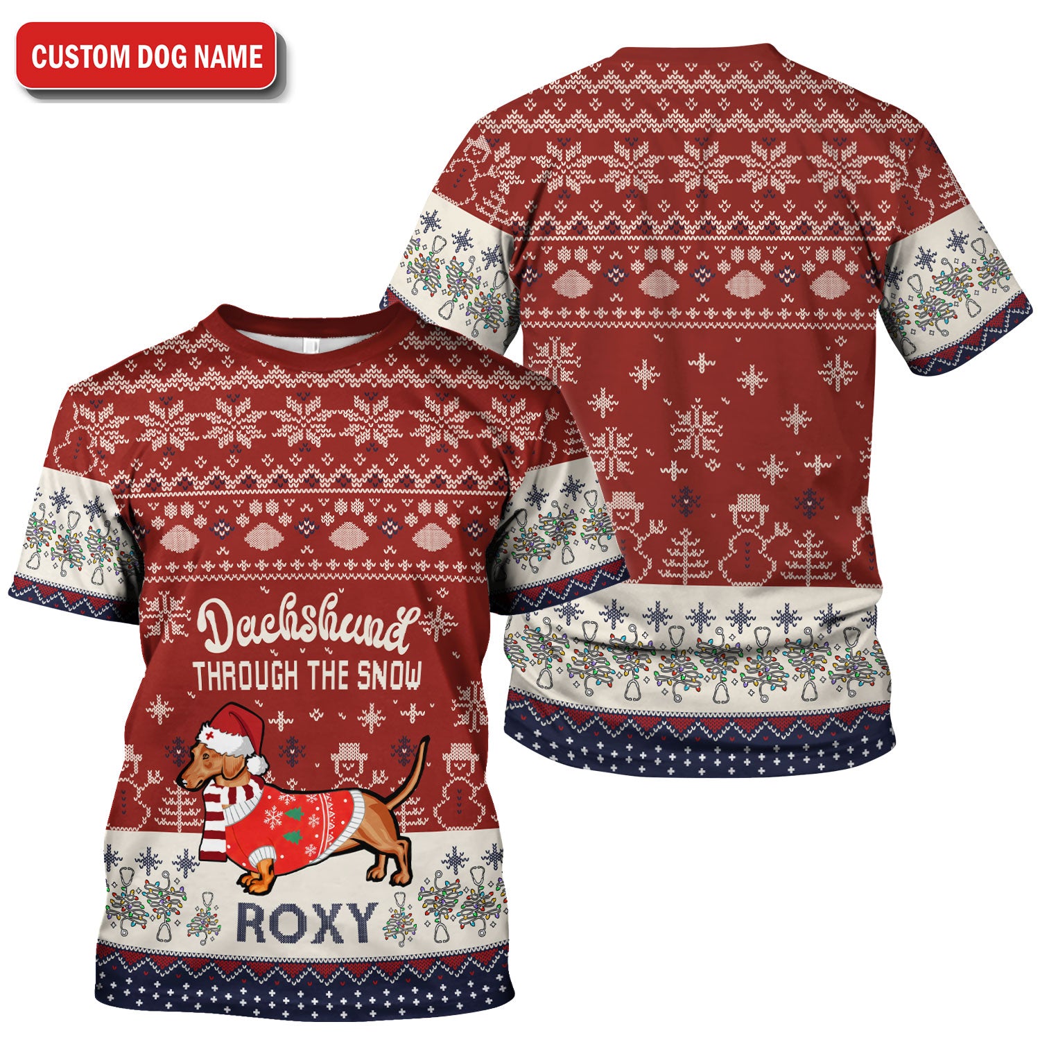 Funny Wiener Dog Christmas Ugly Scrub Top - Custom Name Dachshund Through The Snow - Cute Holiday Medical Uniform