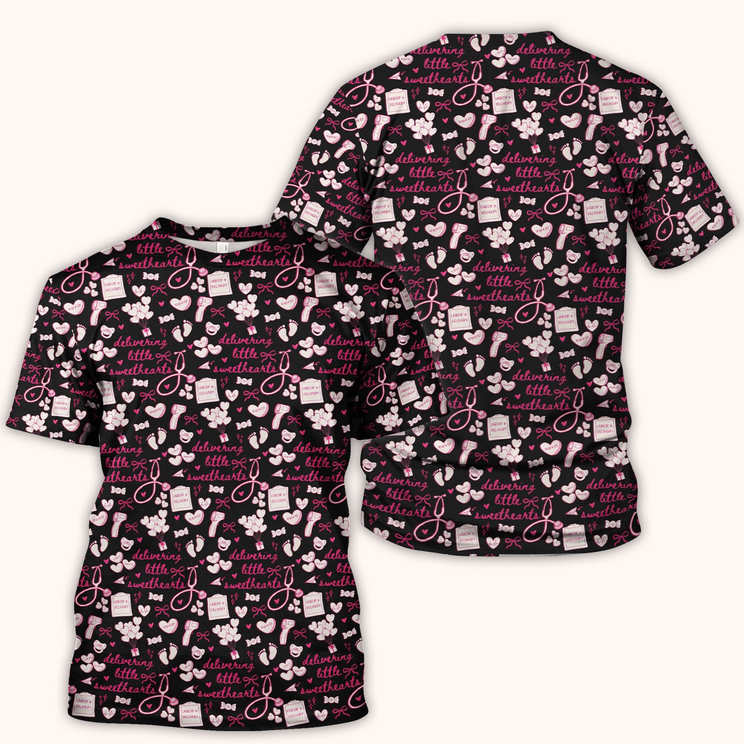 Valentine Labor And Delivery Scrub Top, XOXO Pattern Scrub Shirt, Breathable Fabrics Nursing Uniform For Women