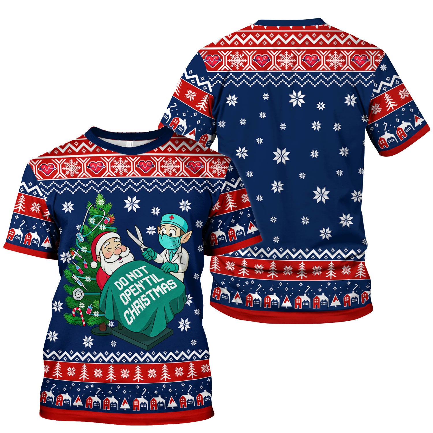 Funny Scrub Top for Women - Do Not Open Til Christmas Santa and Elf - Holiday Medical Uniform Gift for RN LPN CNA