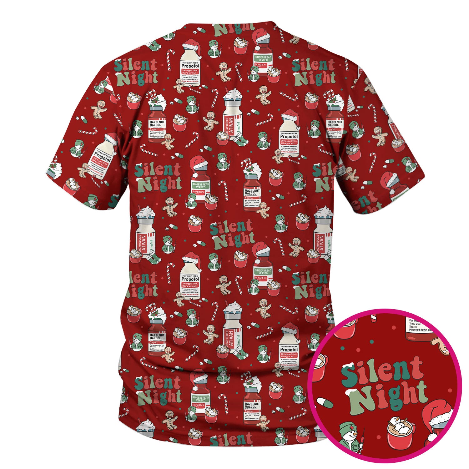 Funny Medicine Scrub Top for Nurses - Silent Night Propofol Print Christmas Scrub Tops with Candy Cane & Gingerbread - Holiday Medical Shirt Gift for RN CNA LPN